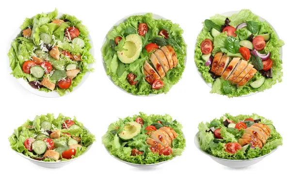 Beyaz arka planda eti olan lezzetli taze salatalar, kolaj. Üst ve yan görünüm