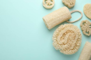 Açık mavi arka planda doğal lif süngeri, düz. Metin için boşluk