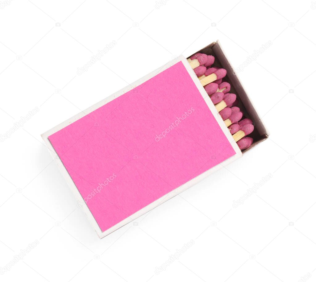 Matches in box isolated on white, top view. Mockup for design