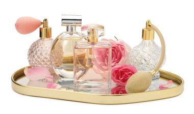 Birçok farklı parfüm şişeleri ve güller beyaz üzerine izole edilmiş.