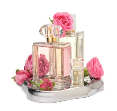 Birçok farklı parfüm şişeleri ve güller beyaz üzerine izole edilmiş.