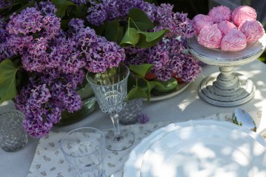Güzel leylak çiçekleri, tatlılar, tabaklar ve bardaklar bahçede, yakın plan