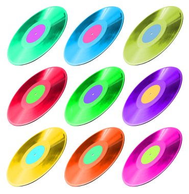 Beyaz arkaplan, kolaj üzerinde birçok renk vinil kayıtları