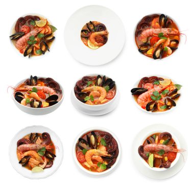 Beyaz kolajla izole edilmiş kâselerdeki lezzetli deniz ürünleri çorbası. Üst ve yan görünüm