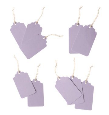 Beyaz arka planda bir sürü boş etiket, kolaj. Tasarım için model