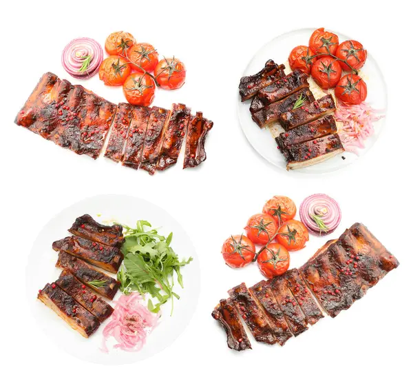 Beyaz arka planda nefis ızgara kaburgalar, kolaj.