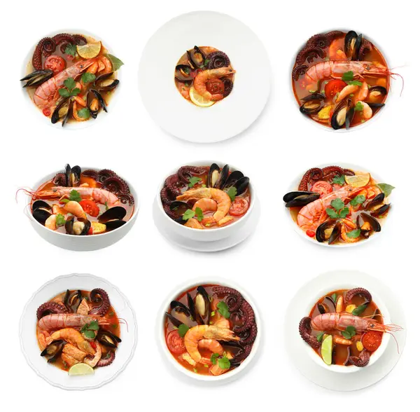 Beyaz kolajla izole edilmiş kâselerdeki lezzetli deniz ürünleri çorbası. Üst ve yan görünüm