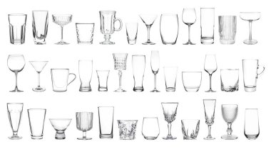 Beyaz arkaplanda farklı boş cam eşyalar, kolaj