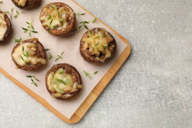 Eritilmiş peynirli lezzetli mantarlar ve gri desenli masa üzerinde kekik. Metin için boşluk