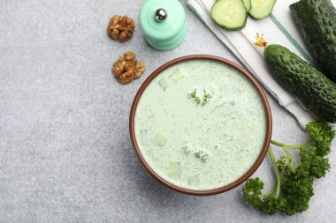 Lezzetli salatalık çorbası ve açık gri masadaki malzemeler. Metin için boşluk