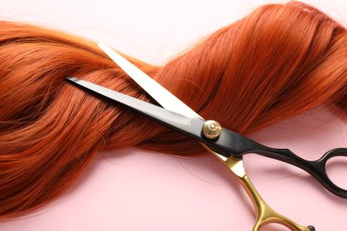 Açık pembe arka planda saç teli ve makas, yakın plan.