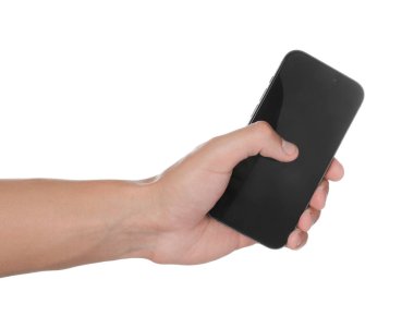 Beyaz arka planda modern akıllı telefonu olan adam, yakın plan. Tasarım için model