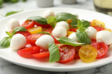 Mozarella soslu lezzetli salata, domates ve fesleğen beyaz mermer masada, yakın plan.
