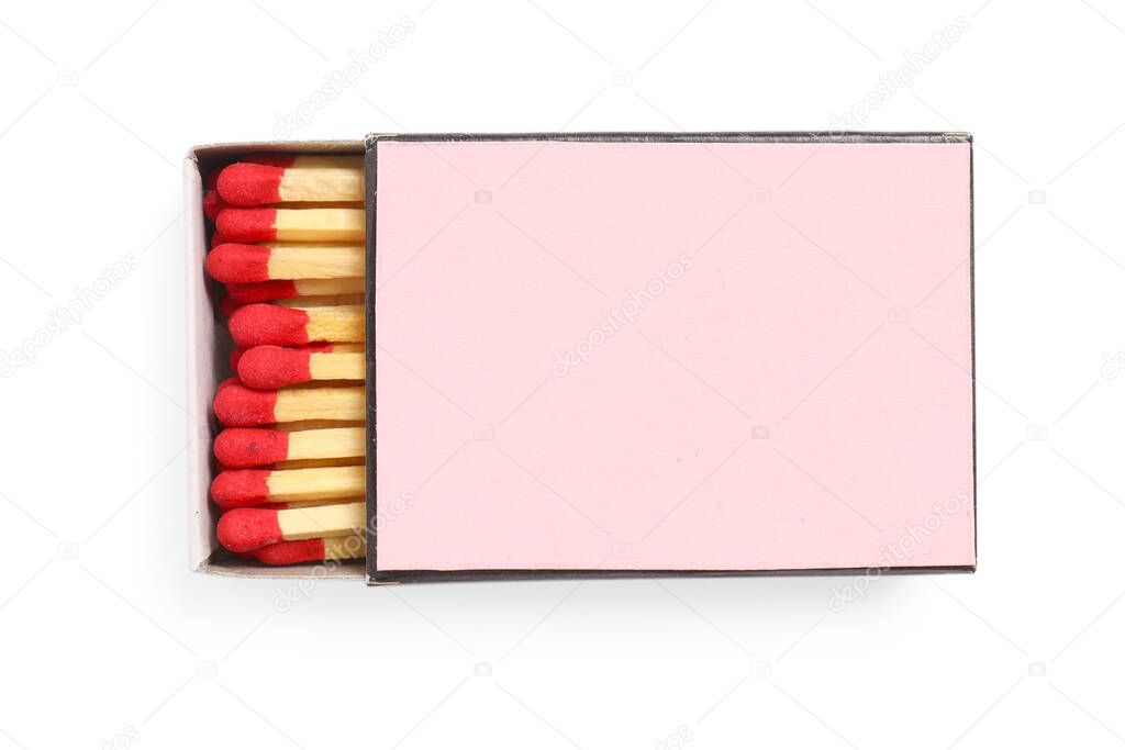 Matches in box isolated on white, top view. Mockup for design