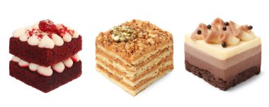 Farklı lezzetli sünger kekleri beyaz sette izole edilmiş.