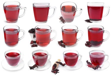 Hibiscus çayı cam bardaklarda ve kurutulmuş kalibreler beyaz, set