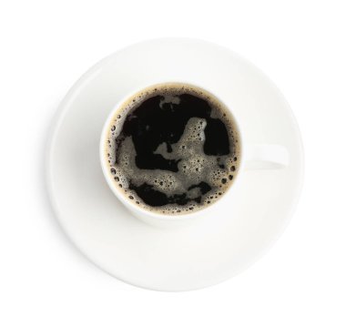 Beyaz bardakta sade kahve, üst manzara.