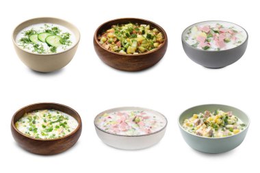 Soğuk çorbalar beyaz tencerelerde izole edilmiş.