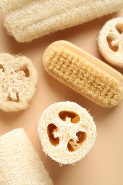 Doğal lif süngeri ve bej arka planda fırça, düz uzanma