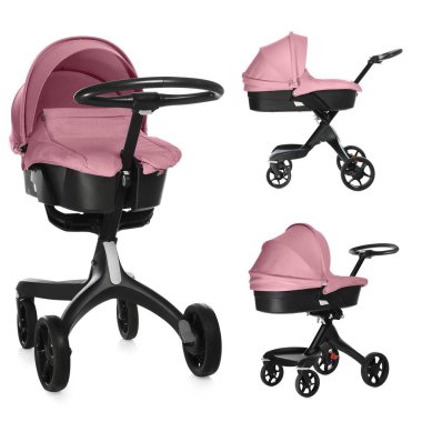 Bebek arabası. Pembe tenteli modern bebek arabası beyaz, farklı taraflarda izole edilmiş.