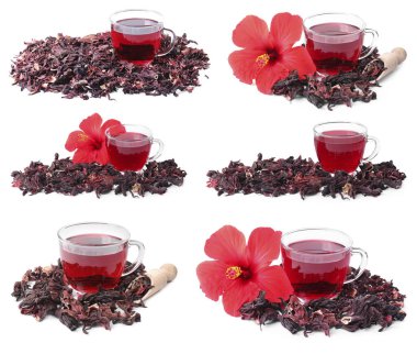 Hibiscus çayı, taze çiçekler ve kurutulmuş kalibreler beyaz sette izole edilmiş.