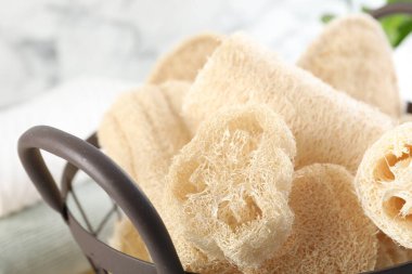 Bulanık arkaplanda farklı lif süngerleri, yakın plan.