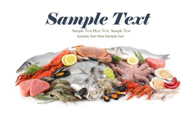 Beyaz arka planda farklı deniz ürünleri. Metin için alanı olan pankart tasarımı