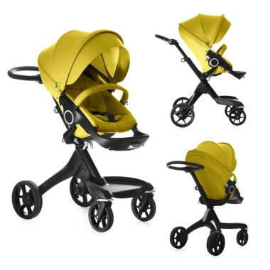 Bebek arabası. Beyaz tenteli, farklı taraflarda, modern bebek arabası.