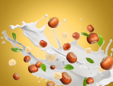 Fındıklı fındık sütü ve sarı arkaplanda yeşil yapraklar.