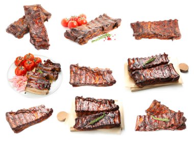 Beyaz arka planda nefis ızgara kaburgalar, kolaj.