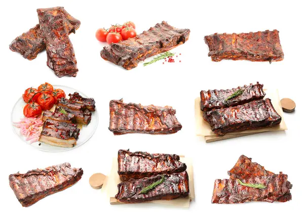 Beyaz arka planda nefis ızgara kaburgalar, kolaj.