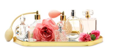 Birçok farklı parfüm şişeleri ve güller beyaz üzerine izole edilmiş.