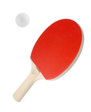 Ping pong raketi ve topu beyaza izole edilmiş.