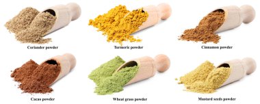 Farklı süper yiyecek tozları, kepçeler ve beyaz arka planda isimler, kolaj