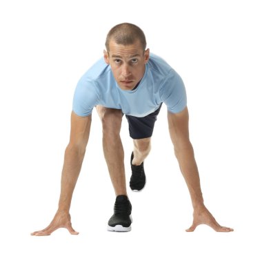 Beyaz arkaplanda başlangıç konumunda çalışan