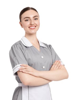 Beyaz arka planda mutlu oda hizmetçisinin portresi