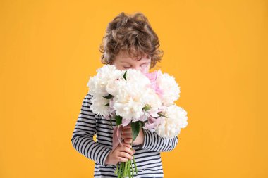 Sarı arka planda bir buket güzel şakayığı olan sevimli küçük bir çocuk.