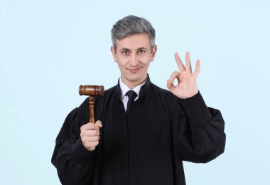 Açık mavi arkaplanda jest gösteren çekiçli bir yargıç