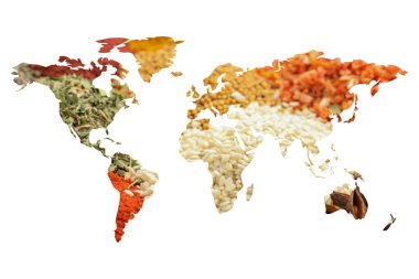 Beyaz arkaplandaki farklı aromatik baharatlardan oluşan dünya haritası