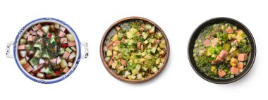 Soğuk çorba kaseleri beyaza izole edilmiş, set. Üst görünüm