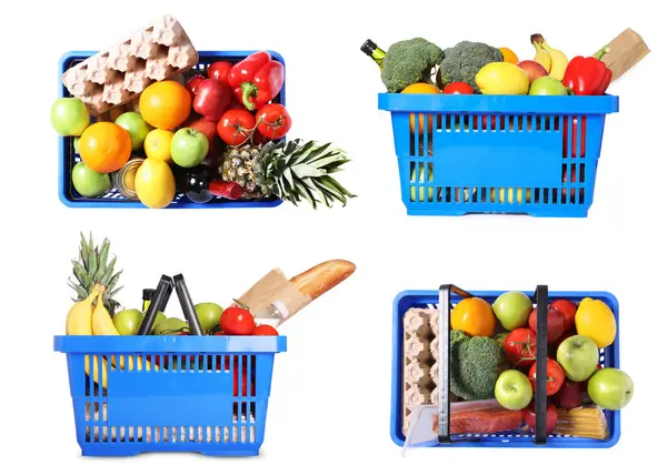 Beyaz arka planda farklı ürünler içeren alışveriş sepetleri, kolaj