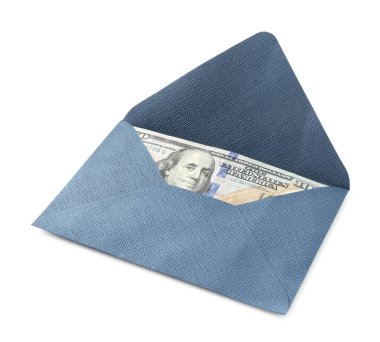 Para bonusu. Beyaz üzerine izole edilmiş dolar banknotları ile zarf
