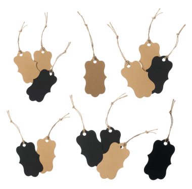 Beyaz arka planda bir sürü boş etiket, kolaj. Tasarım için model