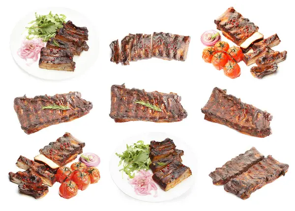 Beyaz arka planda nefis ızgara kaburgalar, kolaj.