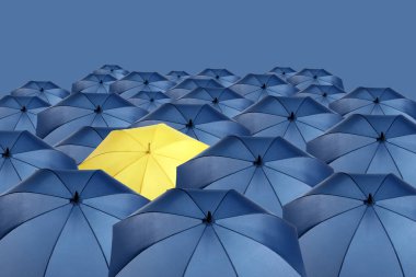Sarı şemsiye mavi olanlar arasında renk arkaplanına karşı