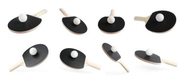 Masa tenisi raketi ve top beyaz sette izole edildi.