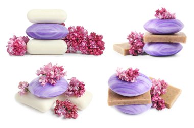 Sabun çubukları ve beyaza izole edilmiş aromatik leylak çiçekleri, kolaj