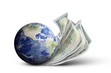 Para değişimi konsepti. Dünya gezegeni ve beyaz arka planda dolar banknotları