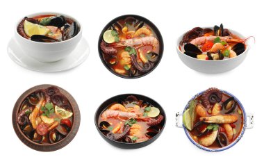 Beyaz kolajla izole edilmiş kâselerdeki lezzetli deniz ürünleri çorbası. Üst ve yan görünüm