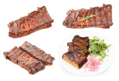 Beyaz arka planda nefis ızgara kaburgalar, kolaj.